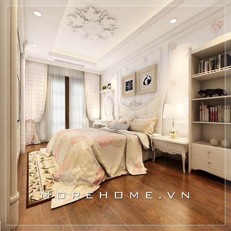 Giường ngủ chung cư cao cấp ấn tượng với gam màu trắng chủ đạo, phần đầu giường được thiết kế cách điệu tạo cái nhìn mới lạ và cuốn hút hơn cả
